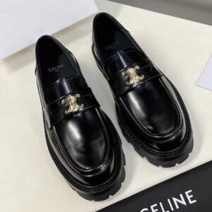 Celine Black Gold Slip-On Loafers with Chain Accent